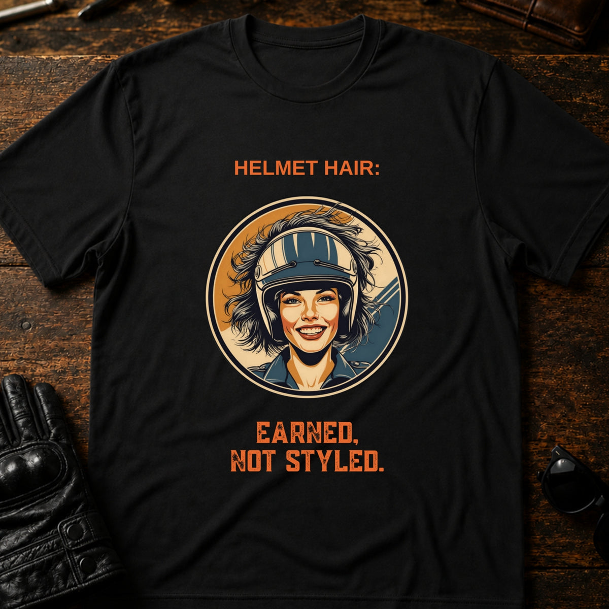 Helmet Hair Earned Not Styled T-Shirt, black