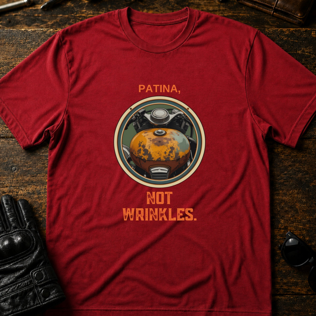 Patina Not Wrinkles Vintage Motorcycle T-Shirt, cardinal red