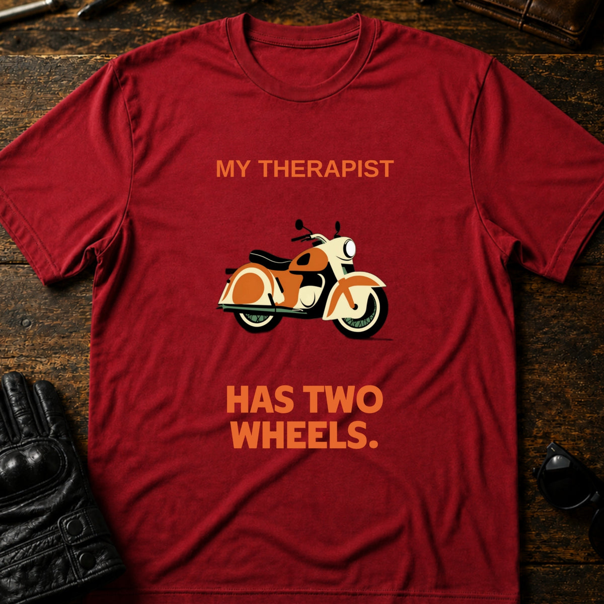My Therapist Has Two Wheels Motorcycle T-Shirt, cardinal red