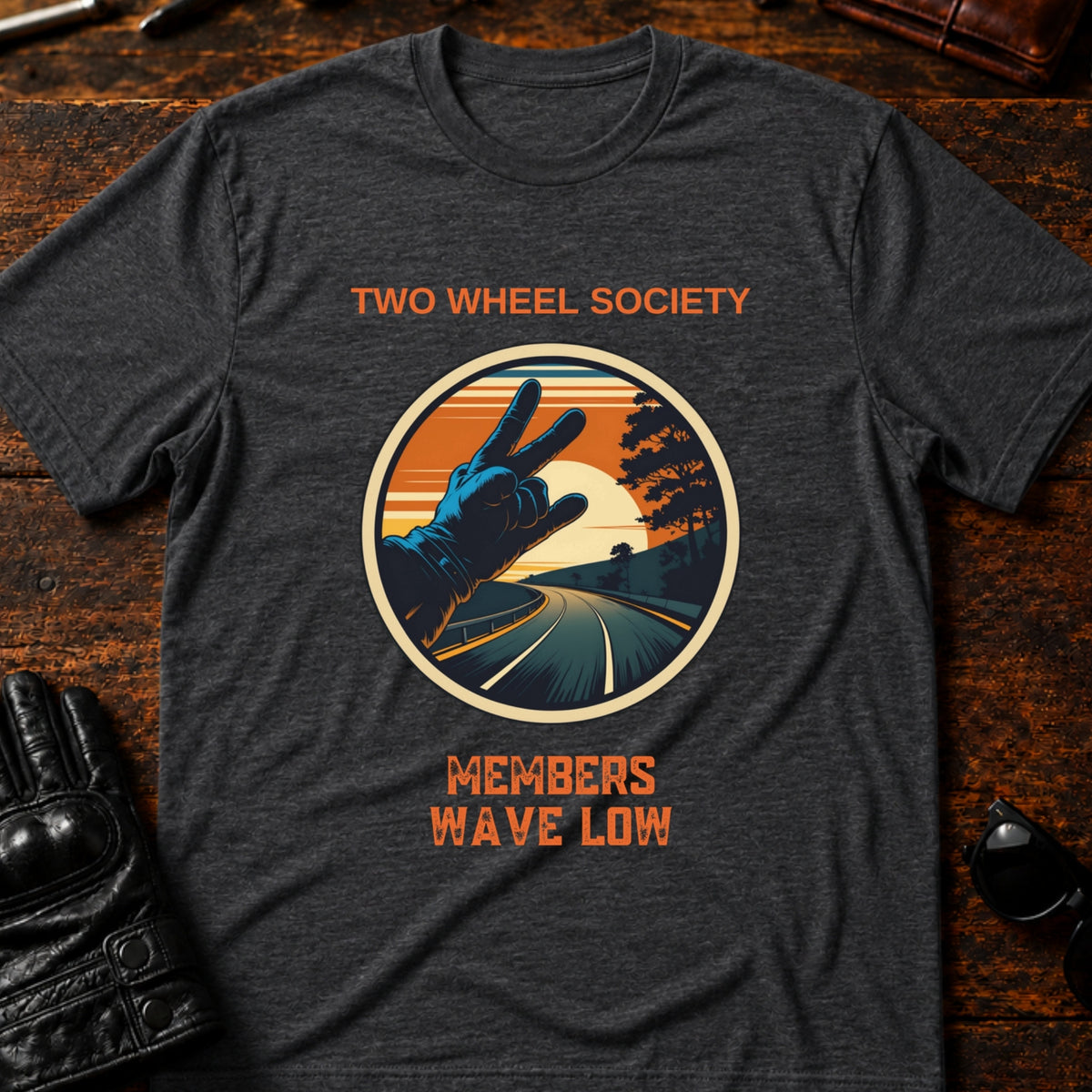 Two Wheel Society Members Wave Low Biker T-Shirt, dark heather