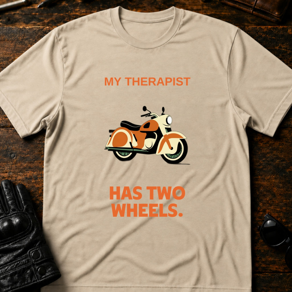 My Therapist Has Two Wheels Motorcycle T-Shirt - mockup 6 sand