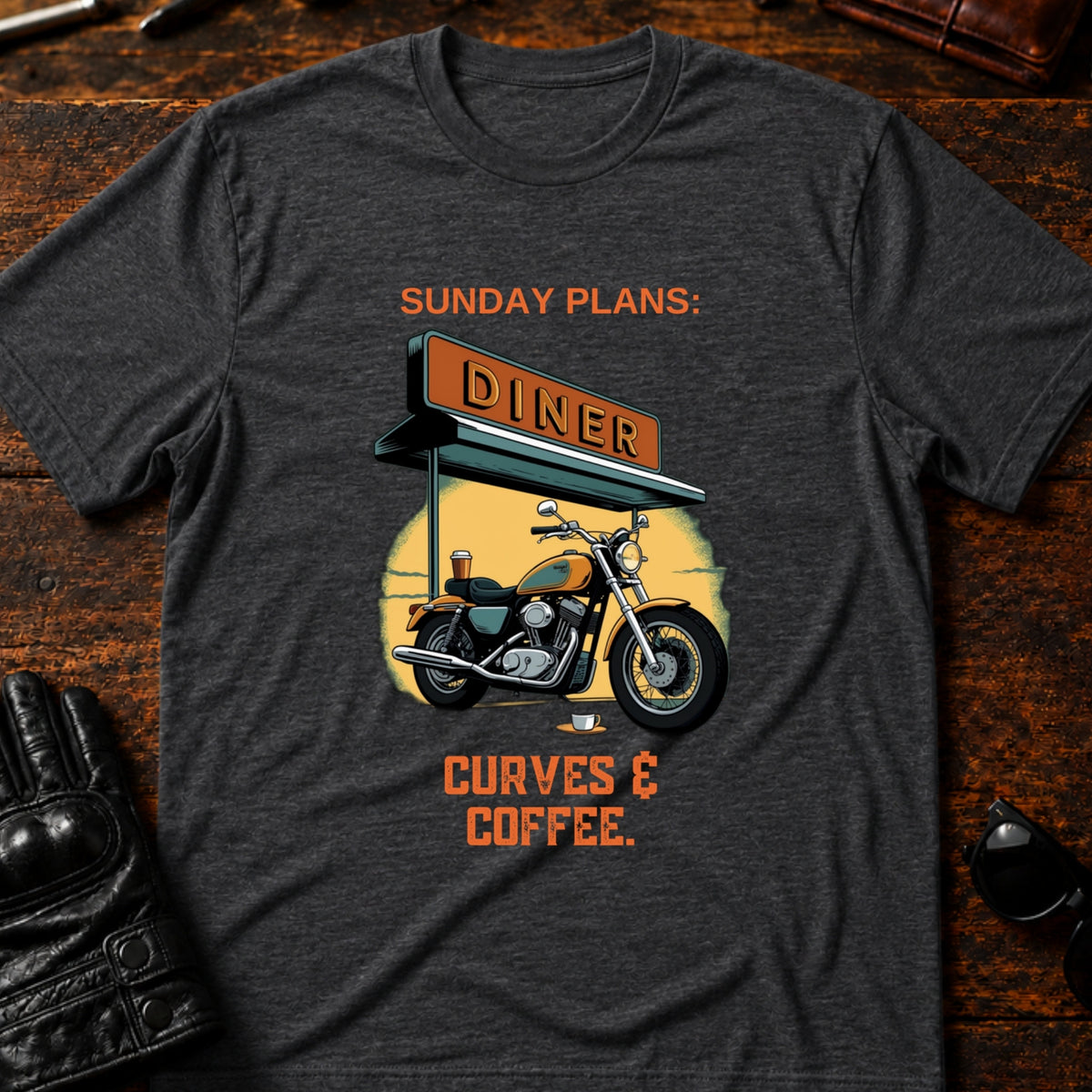 Sunday Plans Curves And Coffee Motorcycle T-Shirt, dark heather