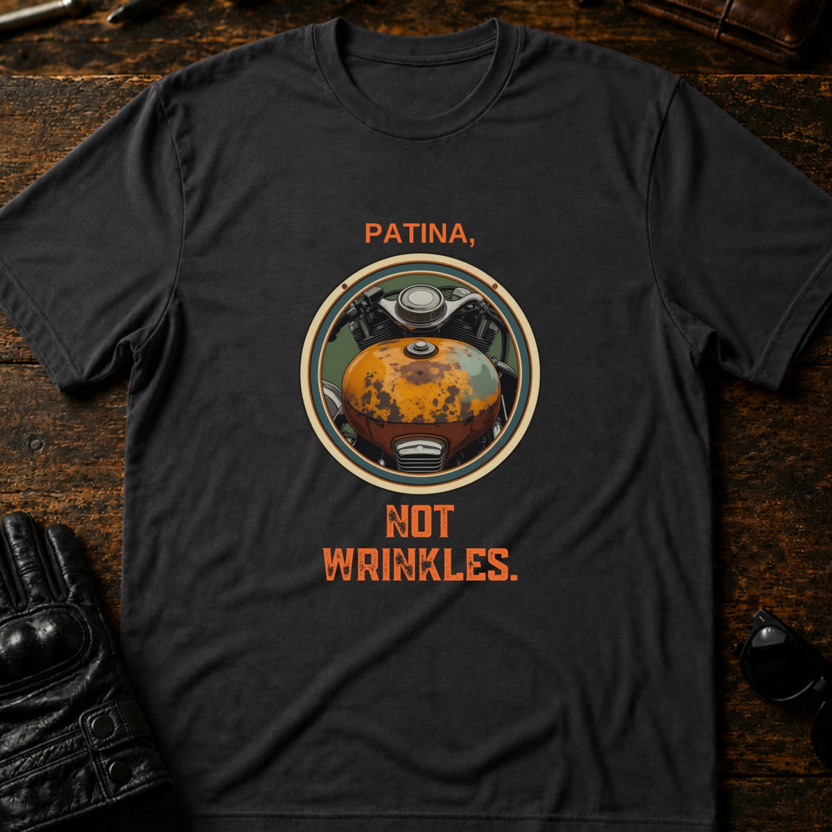 Patina Not Wrinkles Vintage Motorcycle T-Shirt, charcoal
