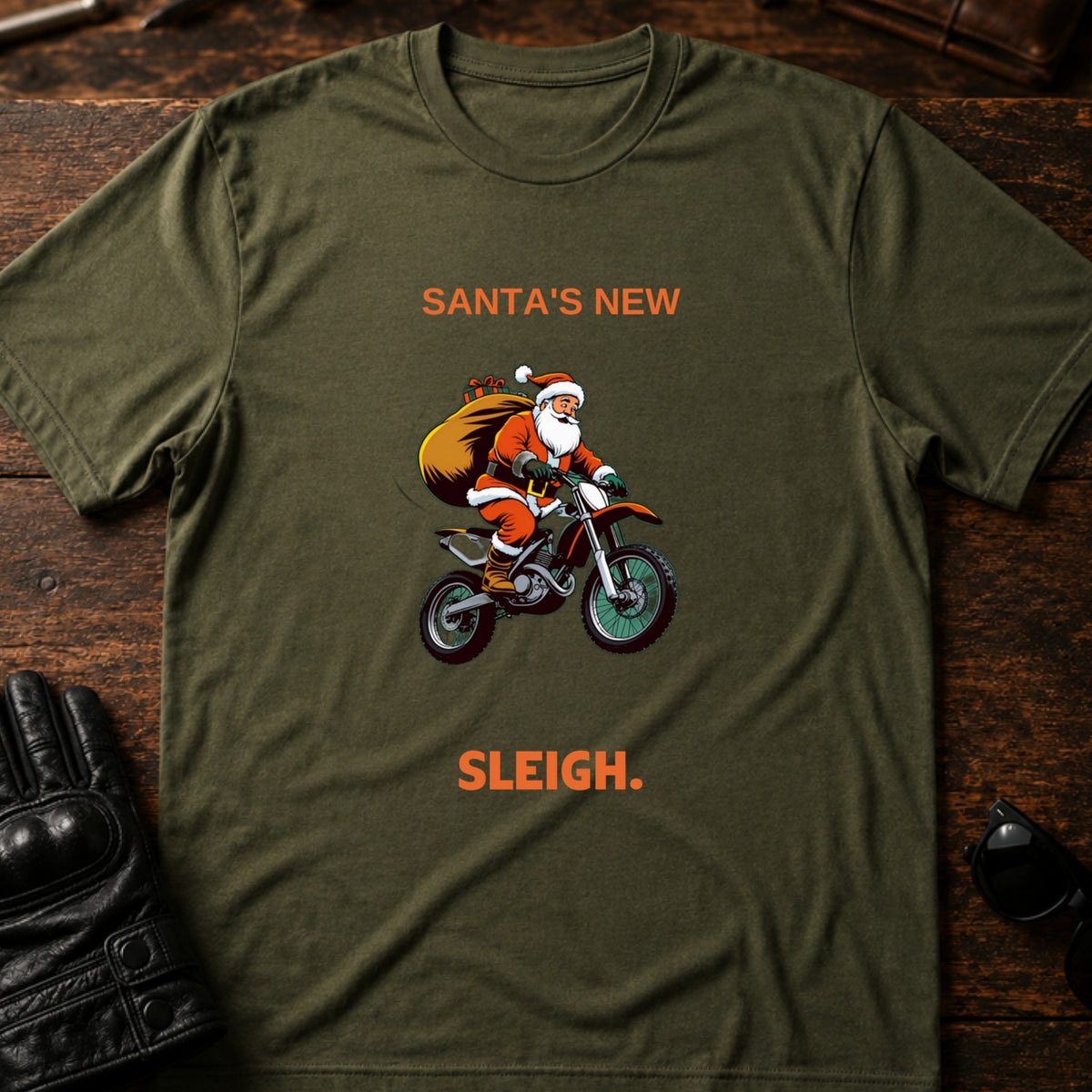 Santa Motocross Christmas Dirt Bike T-Shirt, military green