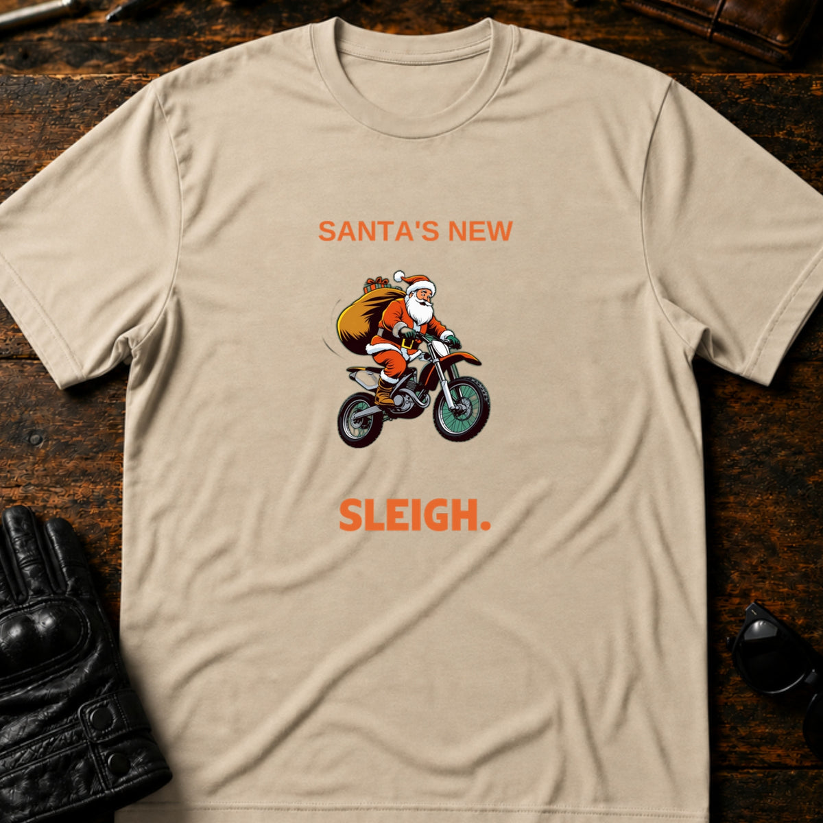 Santa Motocross Christmas Dirt Bike T-Shirt, sand