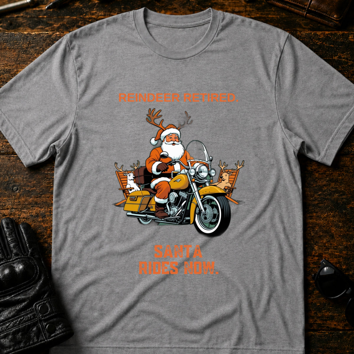 Reindeer Retired Santa Rides Now Motorcycle T-Shirt, sport gray