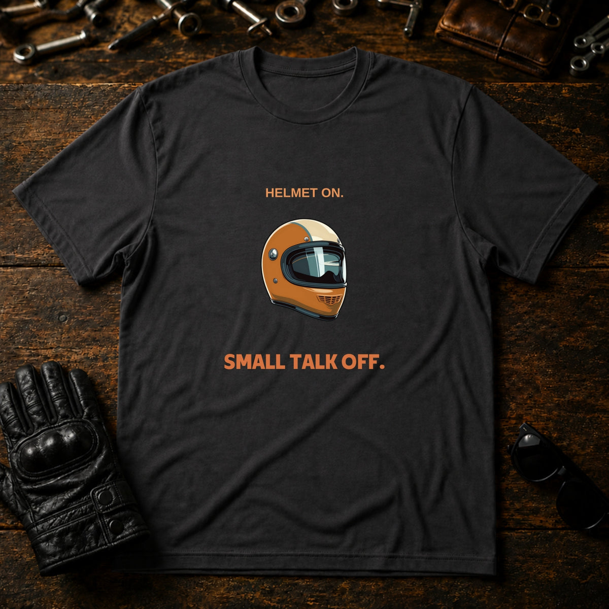 Helmet On Small Talk Off T-Shirt - mockup 3 charcoal