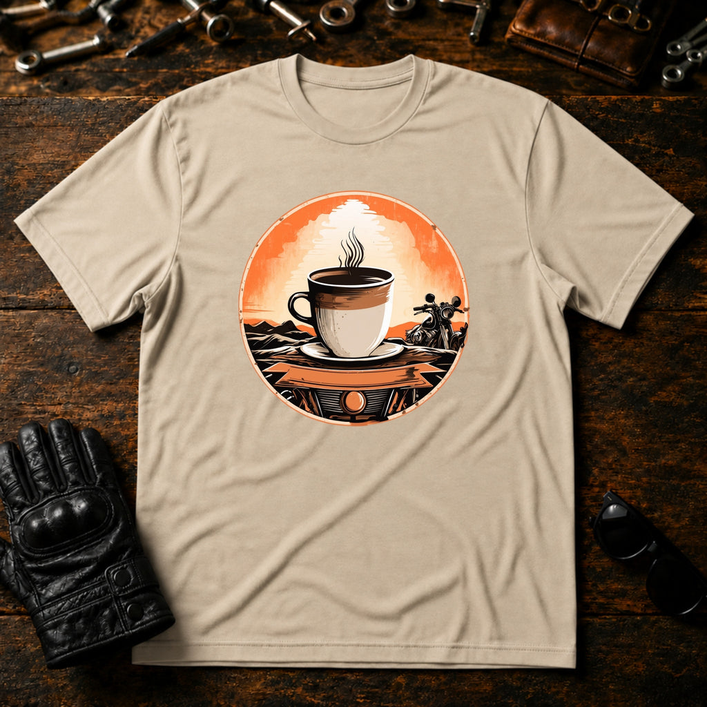 Sunrise Coffee Ride T-Shirt - mockup 6 sand