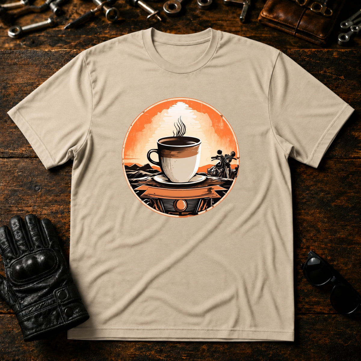 Sunrise Coffee Ride T-Shirt - mockup 6 sand