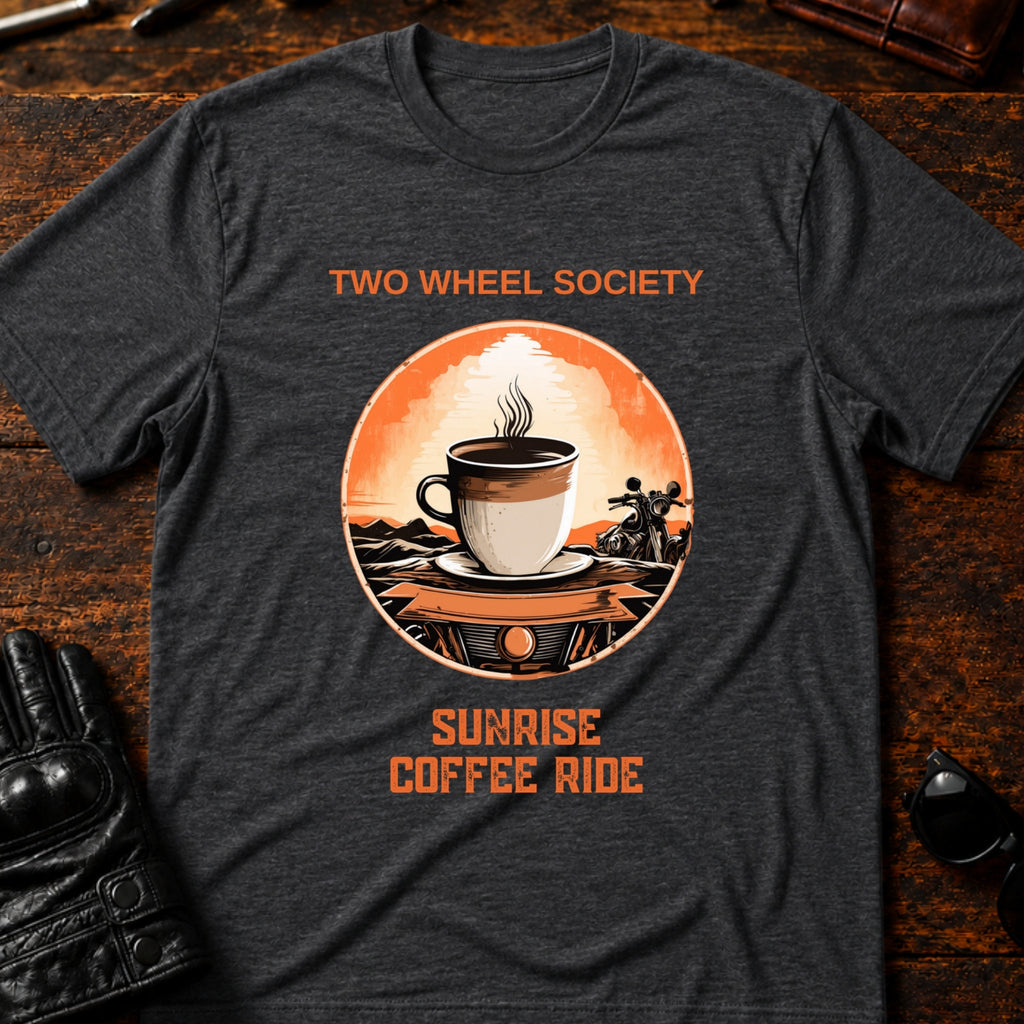 Sunrise Coffee Ride T-Shirt - mockup 8 dark heather
