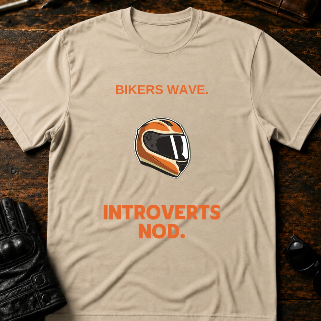 Bikers Wave Introverts Nod Funny Motorcycle T-Shirt - mockup 6 sand