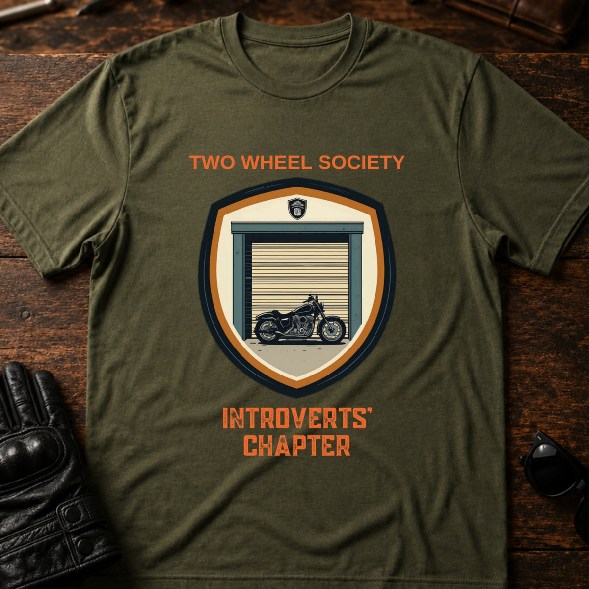 Two Wheel Society Introverts Chapter Biker T-Shirt, military green
