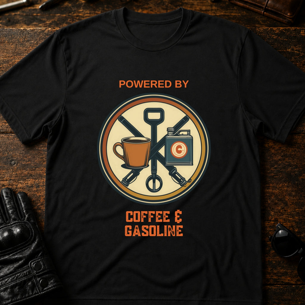 Powered By Coffee And Gasoline Two Wheel Society T-Shirt - mockup 1 black