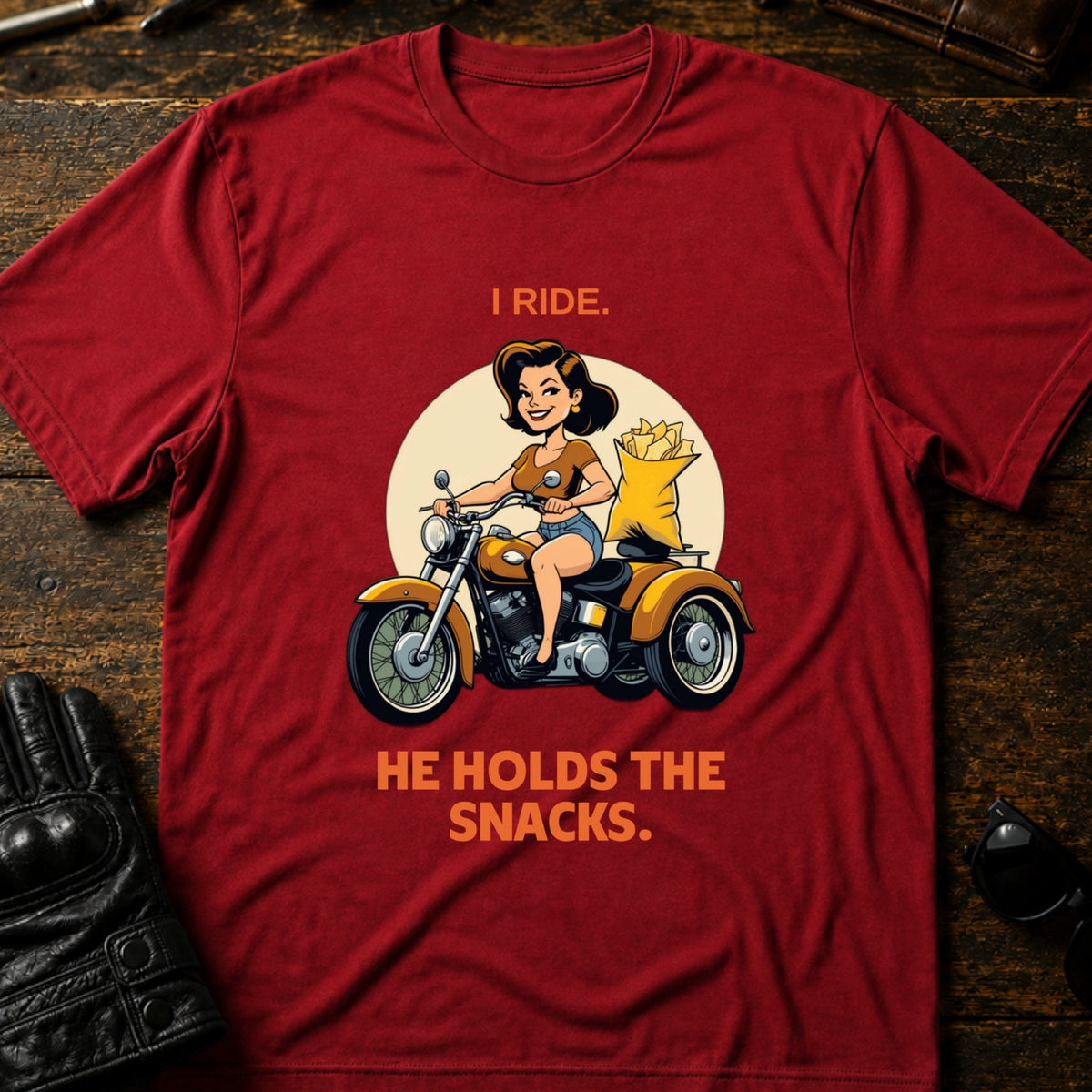 I Ride He Holds The Snacks Women Biker T-Shirt, cardinal red