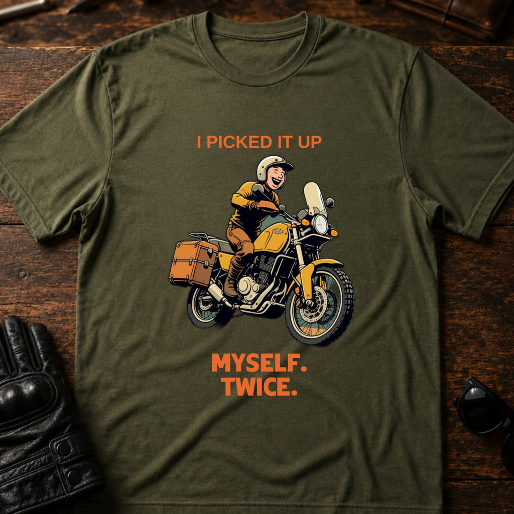 I Picked It Up Myself Twice Adventure Biker T-Shirt - mockup 2 military green