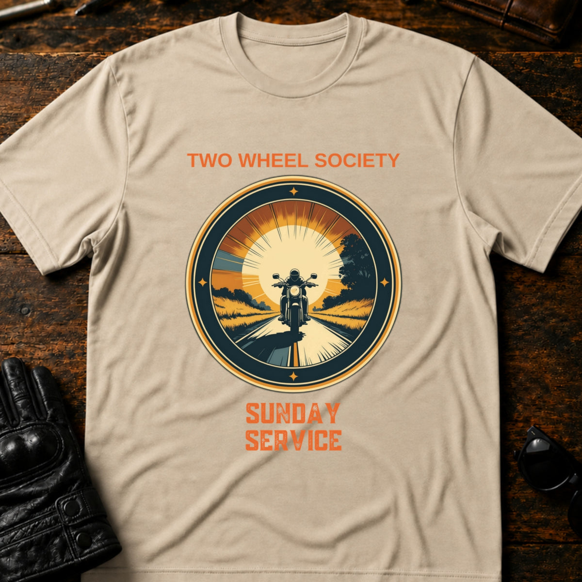 Two Wheel Society Sunday Service On The Road T-Shirt, sand