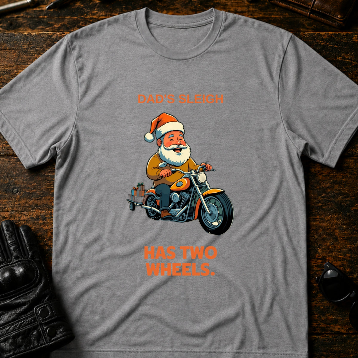 Dads Sleigh Has Two Wheels Christmas Motorcycle T-Shirt, sport gray
