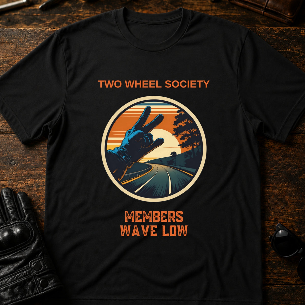 Two Wheel Society Members Wave Low Biker T-Shirt, black