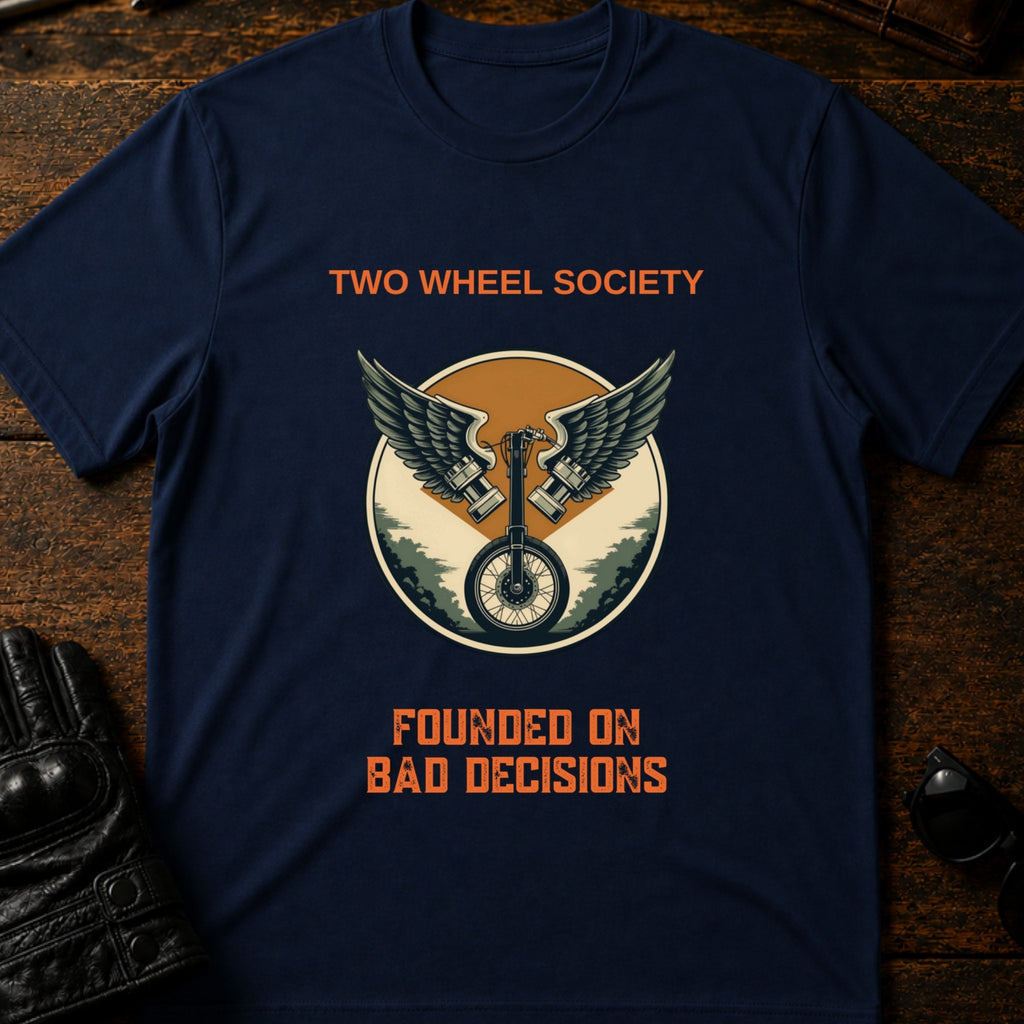 Two Wheel Society Founded On Bad Decisions T-Shirt - mockup 5 navy