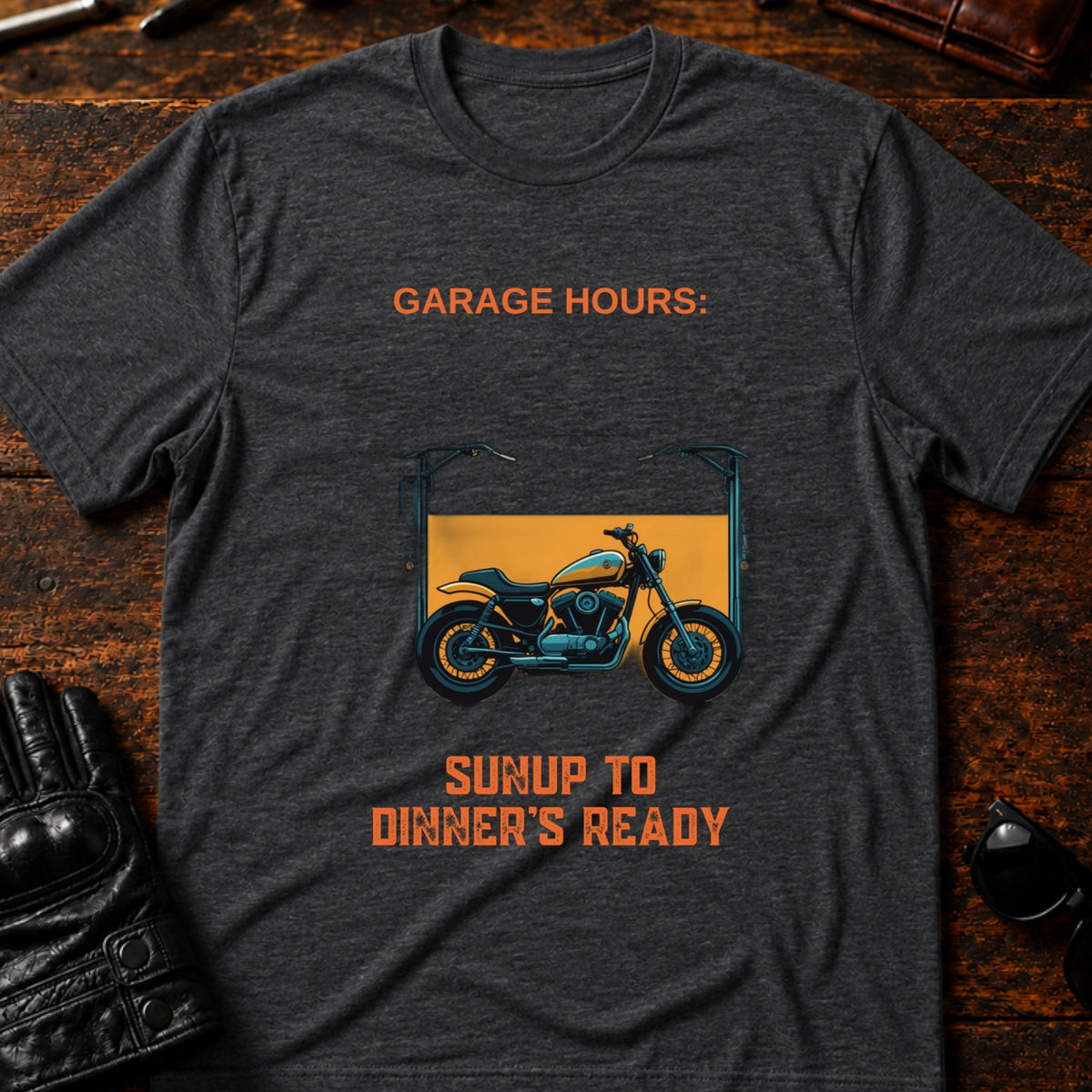 Garage Hours Sunup To Dinners Ready Biker T-Shirt, dark heather