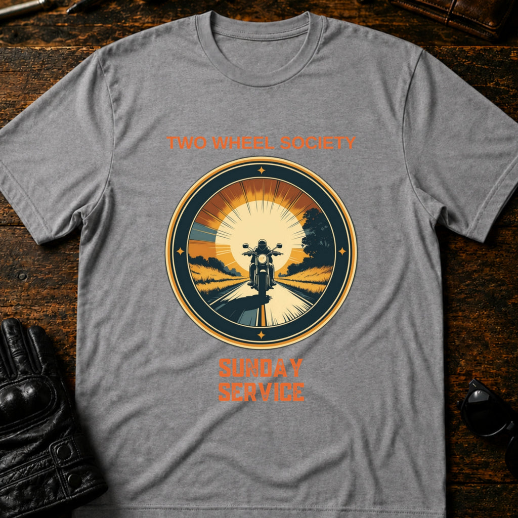 Two Wheel Society Sunday Service On The Road T-Shirt - mockup 4 sport gray