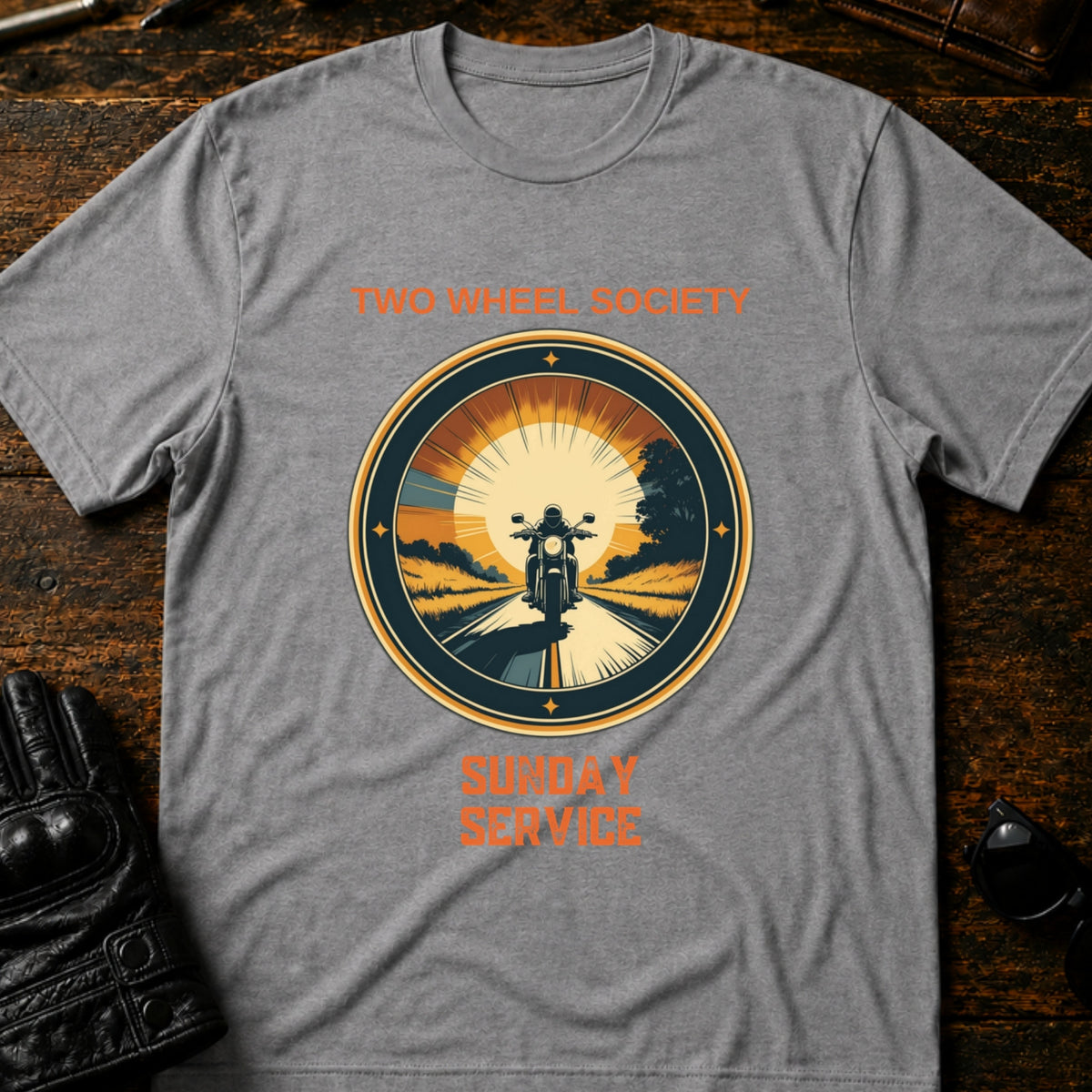 Two Wheel Society Sunday Service On The Road T-Shirt, sport gray