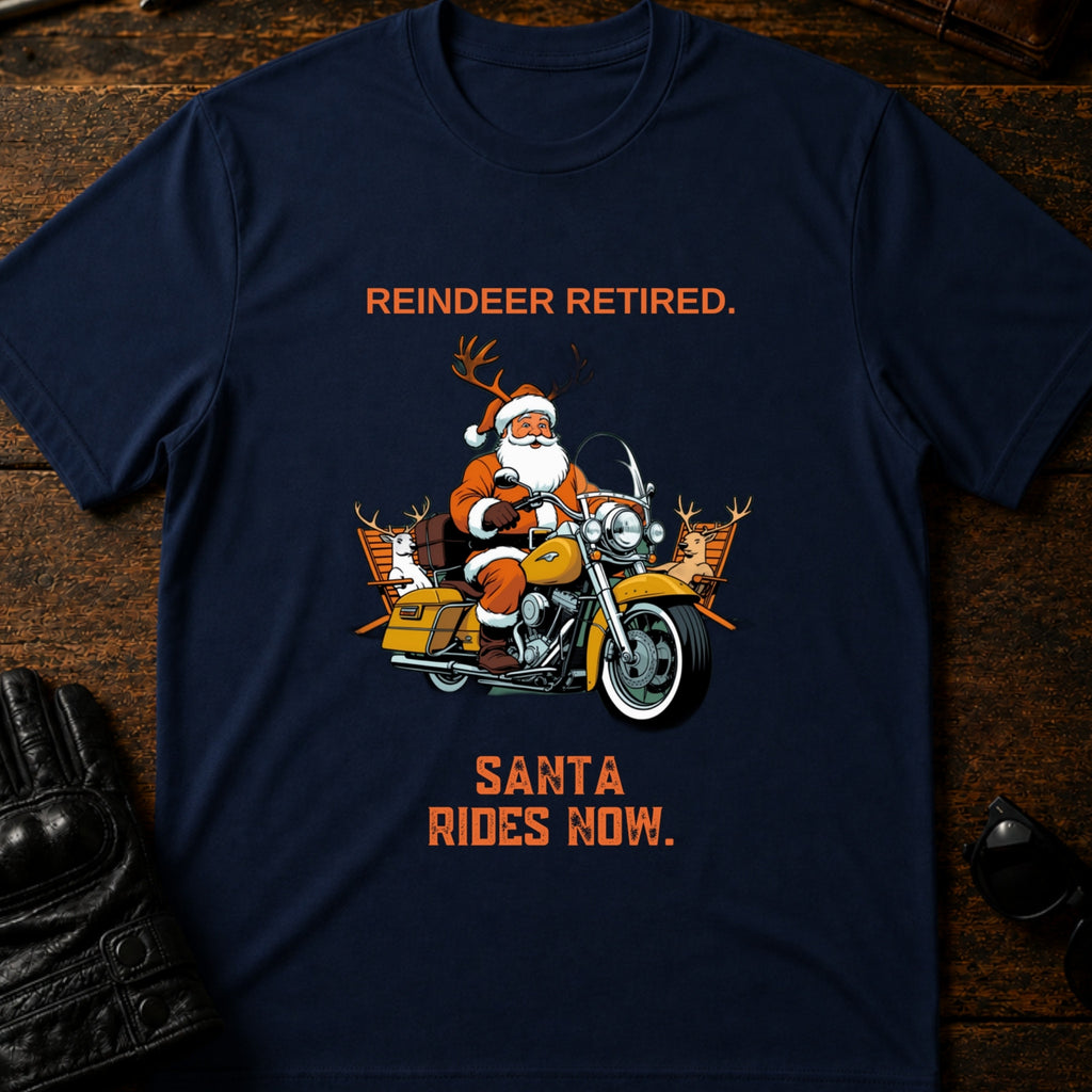 Reindeer Retired Santa Rides Now Motorcycle T-Shirt - mockup 5 navy