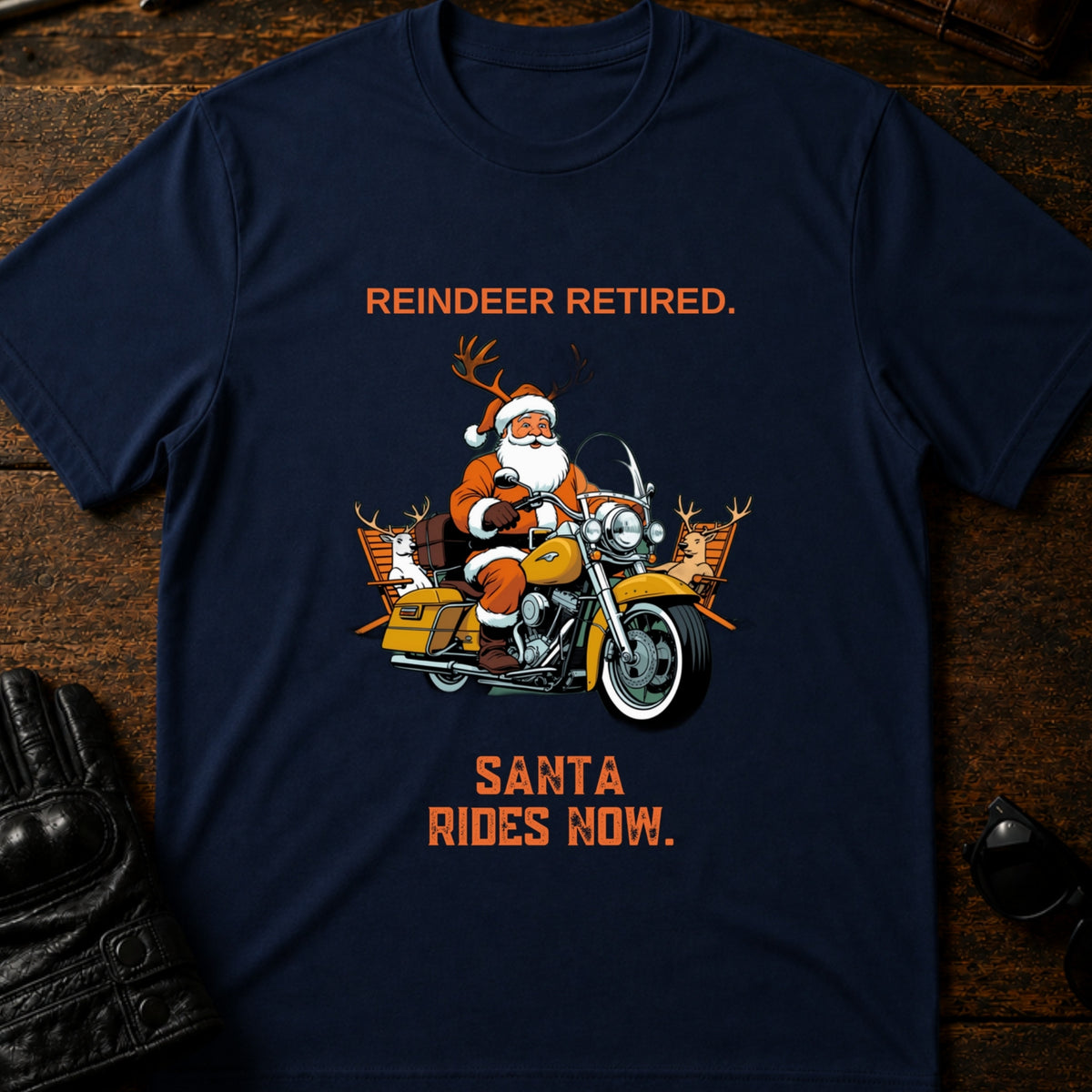 Reindeer Retired Santa Rides Now Motorcycle T-Shirt, navy