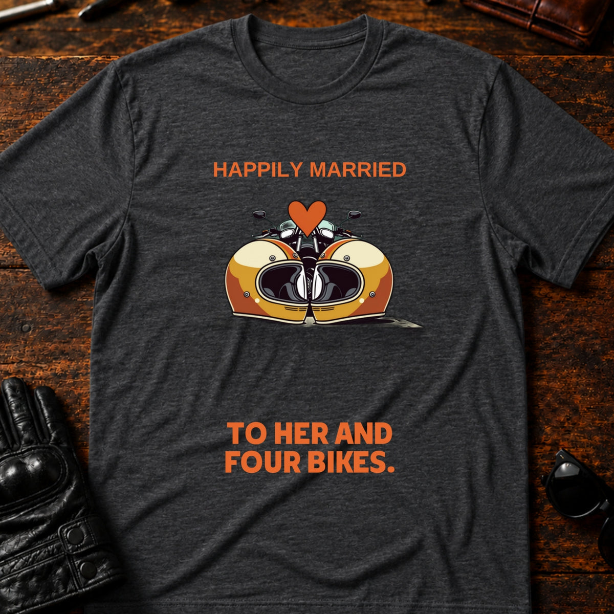 Happily Married To Her And Four Bikes Biker T-Shirt, dark heather