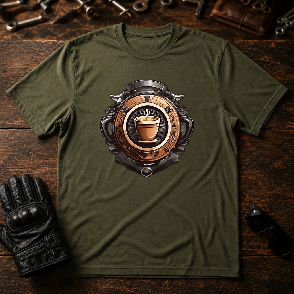 Coffee and Wheels Emblem T-Shirt - mockup 2 military green