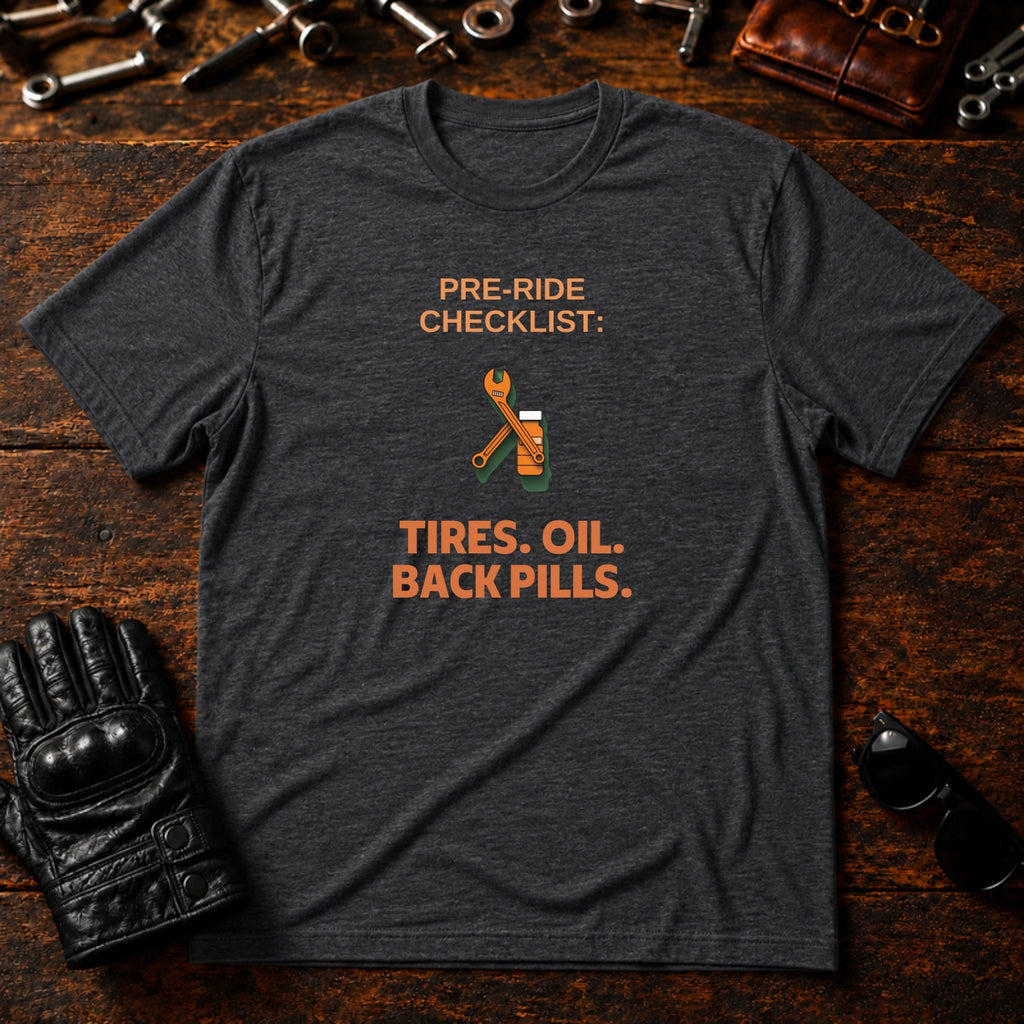 Pre-Ride Checklist Back Pills T-Shirt - mockup 8 dark heather