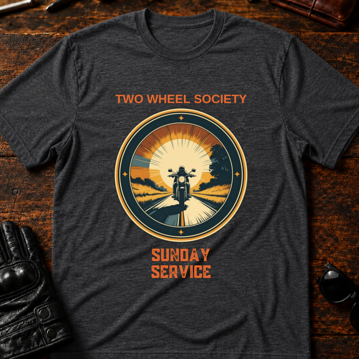 Two Wheel Society Sunday Service On The Road T-Shirt, dark heather