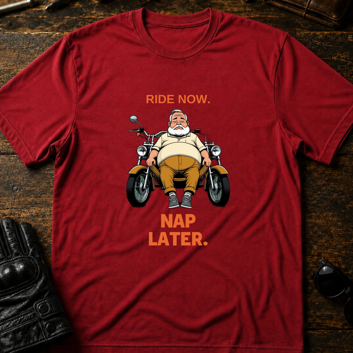 Ride Now Nap Later Grandpa Motorcycle T-Shirt, cardinal red