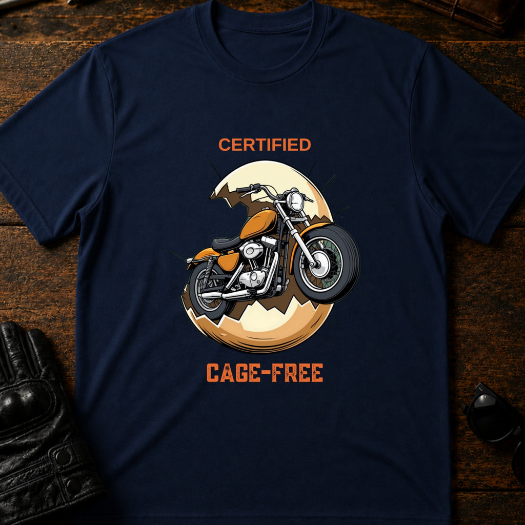 Certified Cage Free Funny Motorcycle T-Shirt - mockup 5 navy
