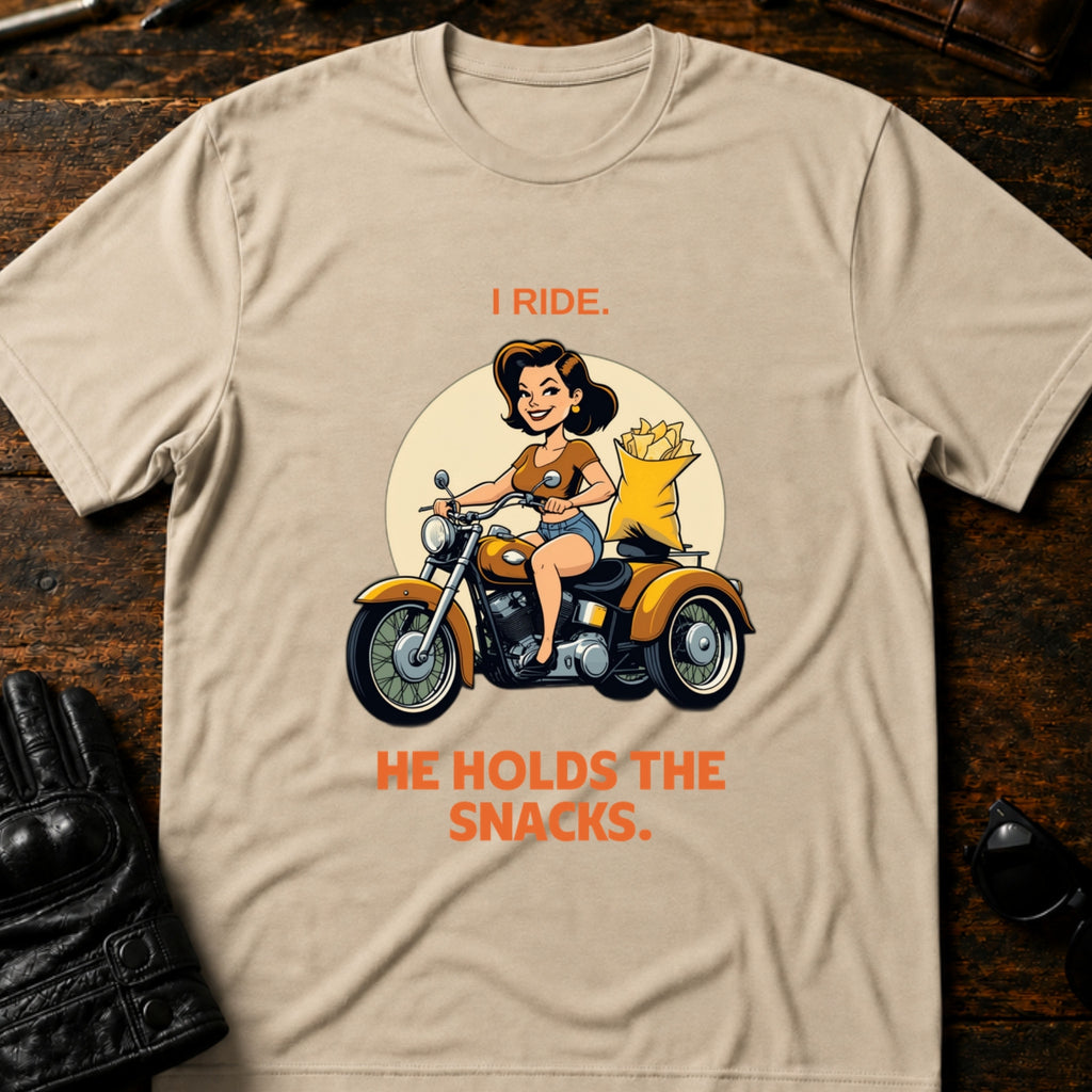I Ride He Holds The Snacks Women Biker T-Shirt - mockup 6 sand