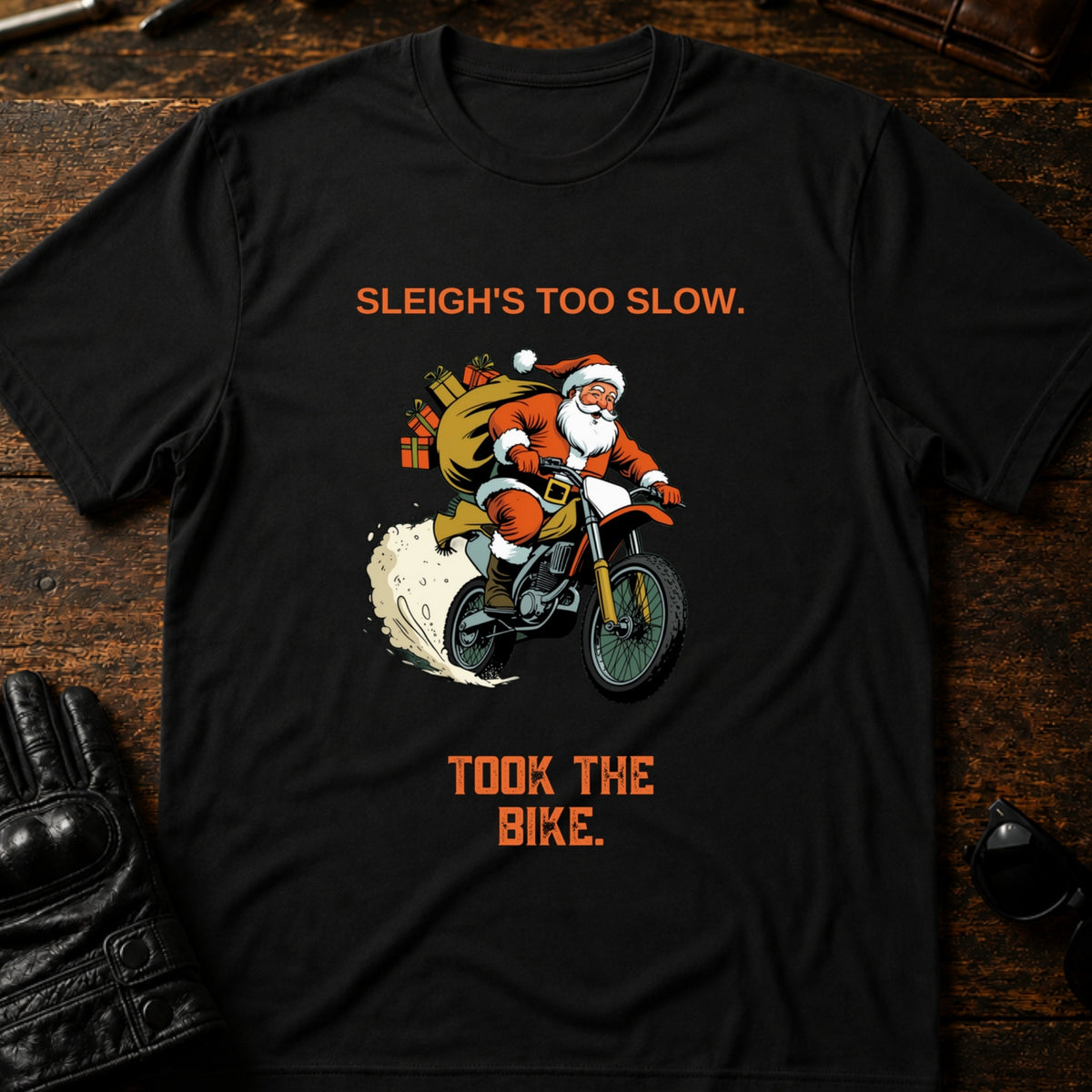 Sleighs Too Slow Took The Bike Santa T-Shirt, black