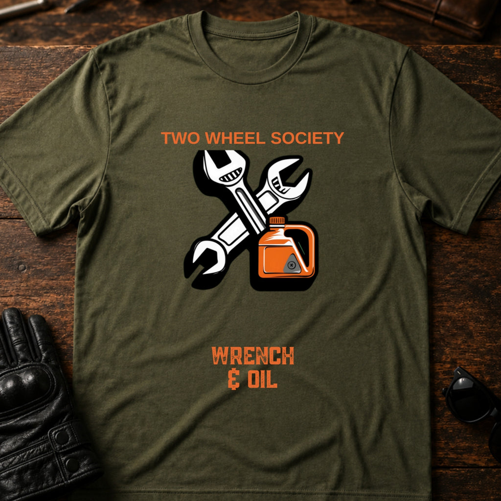 Wrench and Oil Emblem T-Shirt - mockup 2 military green