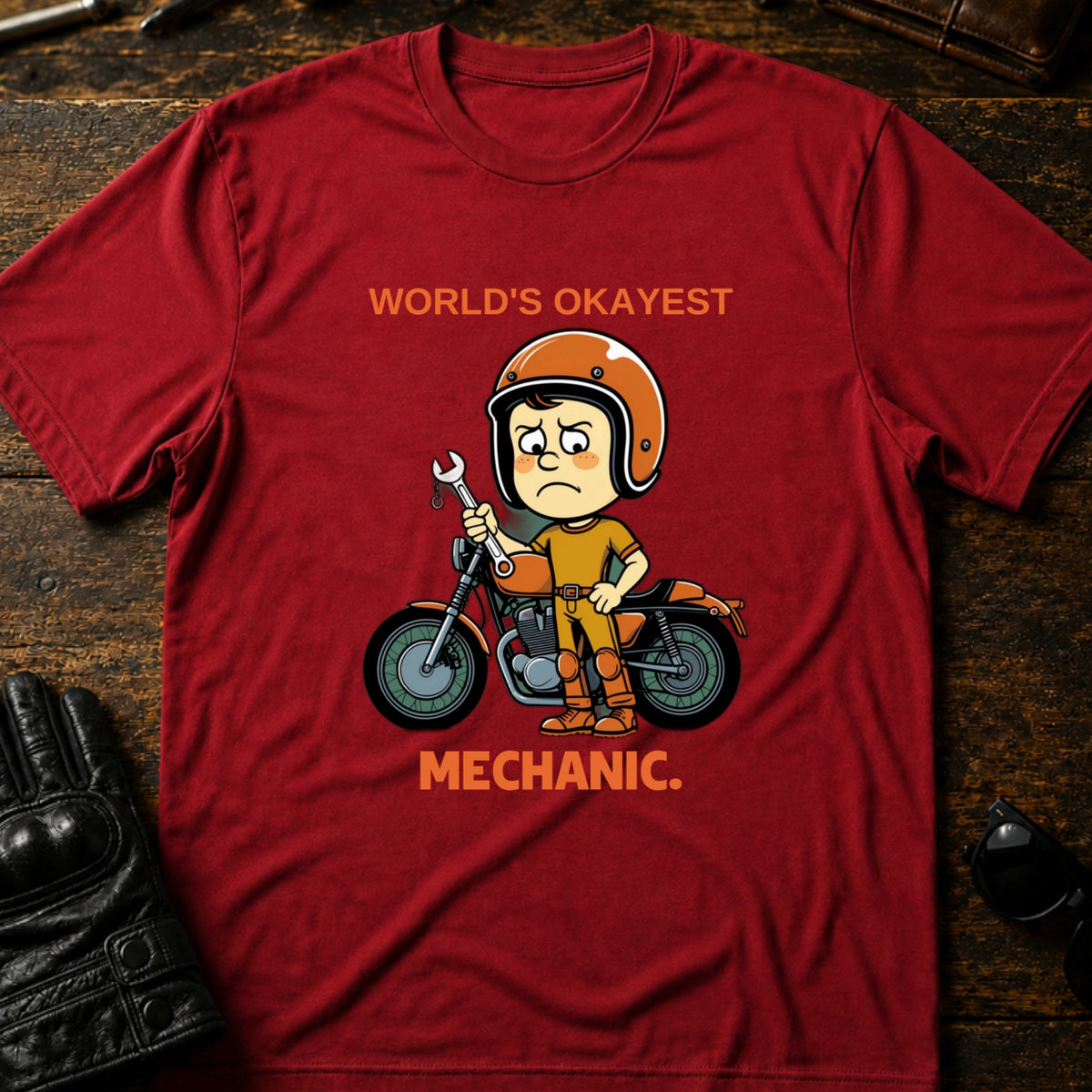 Worlds Okayest Mechanic Funny Motorcycle T-Shirt, cardinal red