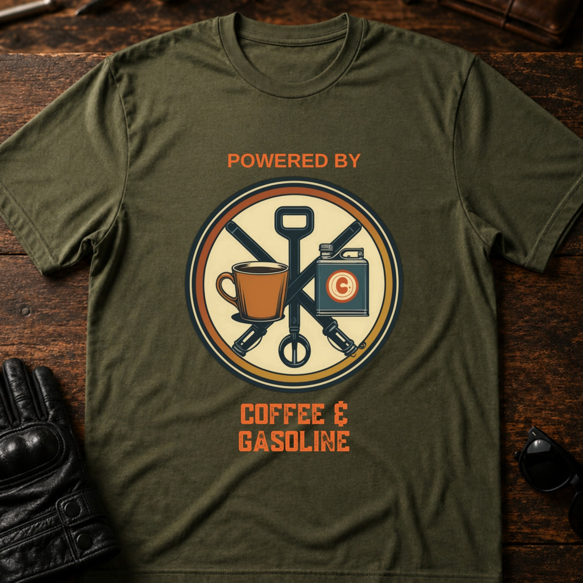 Powered By Coffee And Gasoline Two Wheel Society T-Shirt, military green