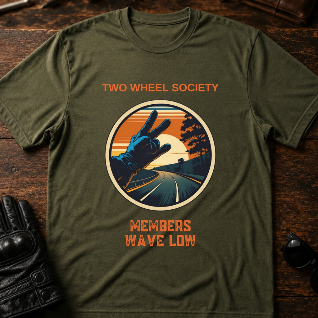 Two Wheel Society Members Wave Low Biker T-Shirt - mockup 2 military green