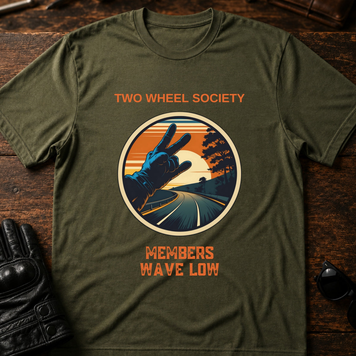 Two Wheel Society Members Wave Low Biker T-Shirt, military green